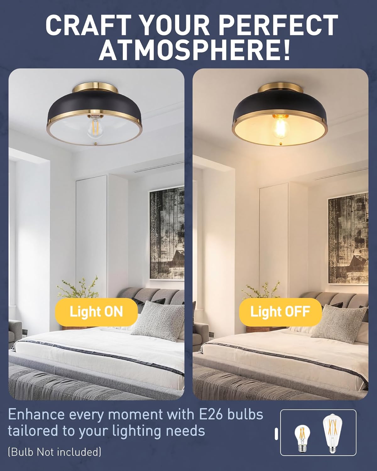 2 Pack Ceiling Light, 16 Inch Semi Flush Mount Ceiling Light, Black and Gold Ceiling Light Flush Mount, Light Fixtures Ceiling Mount for E26 Base Bedroom Hallway Dressing Room, KDCL15-BKE-2PK Black 12inch, E26 2