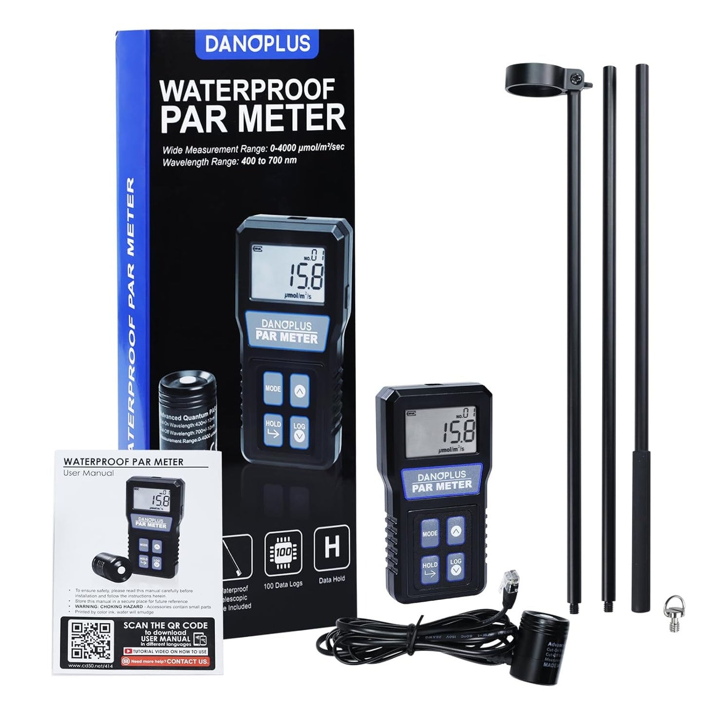 PAR Meter for Reef Tank Waterproof PAR Meter Aquarium IP68 Quantum Sensor PPFD Meter Data Logger, Full-Spectrum Quantum PAR Meter with 79' Cable