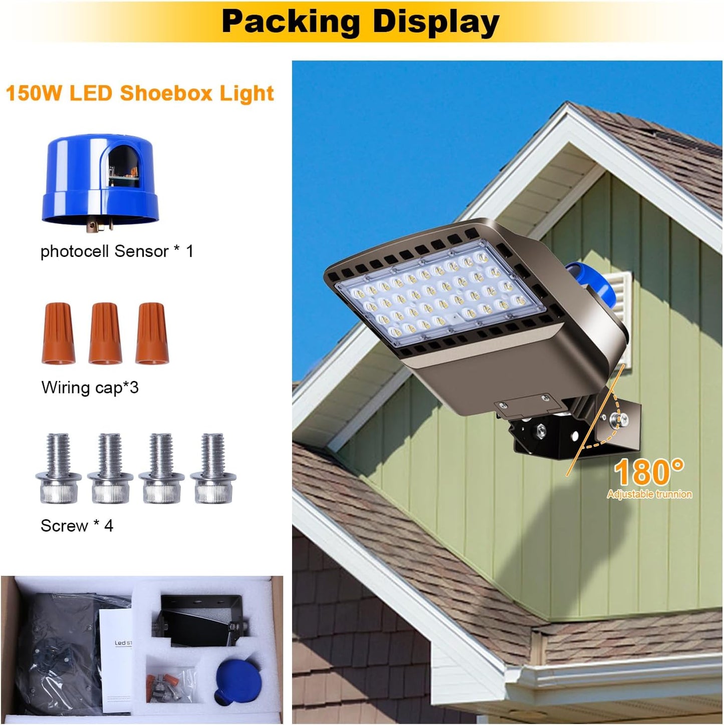 LED Parking lot Light Trunnion Dusk to Dawn 150W LED Flood Lights 21000lm Outdoor Wall Mount Security Commercial 85-277V IP65 Waterproof 5500K