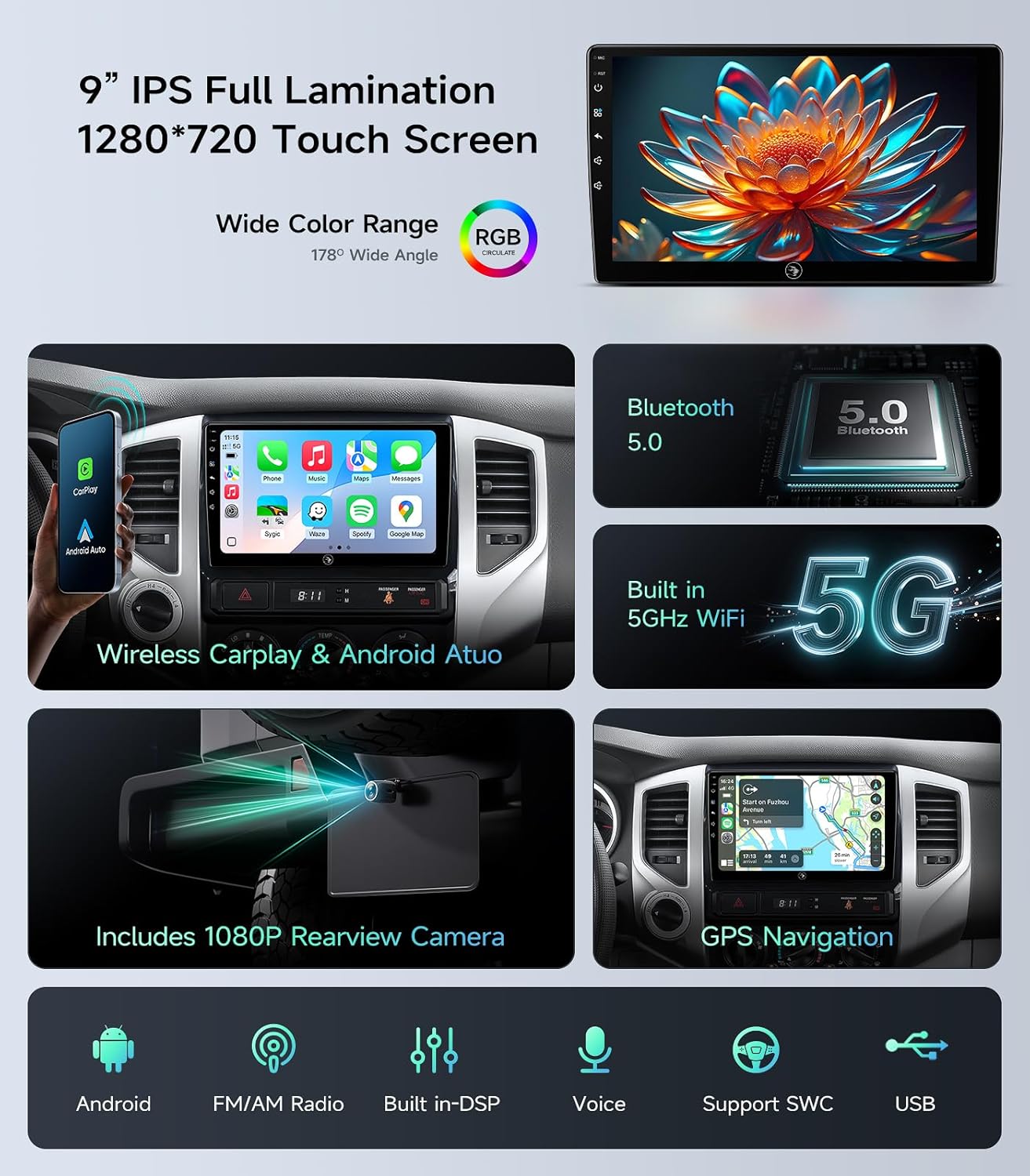 9 Inch Car Stereo Radio for Toyota Tacoma 2005-2015, Wireless CarPlay & Android Auto, 5G WiFi GPS Navigation, IPS HD Touch Screen, Bluetooth FM Radio SWC, Plug and Play, with 1080P Backup Camera