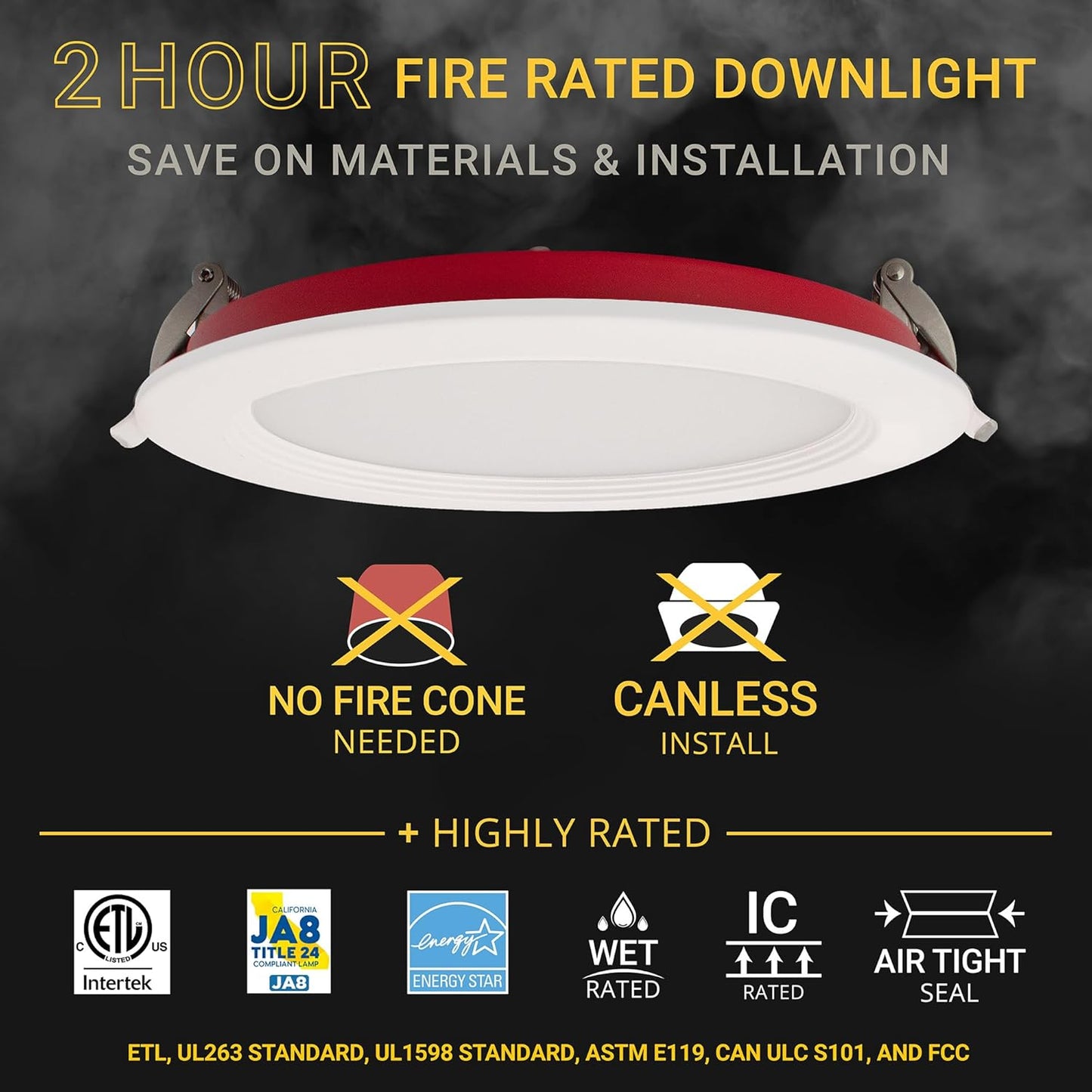 12 Pack, 6 Inch 2 Hour Fire Rated Ultra-Thin LED Baffle Trim Recessed Light, 2700K/3000K/3500K/4000K/5000K Selectable, Dimmable 1200LM, IC Rated, Wet