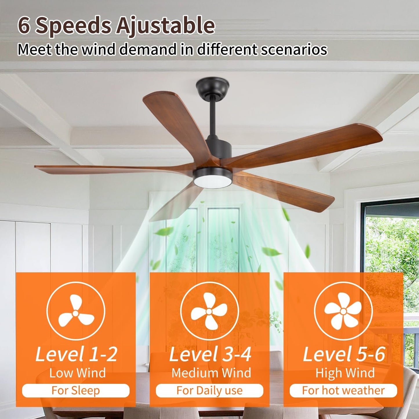 60 inch Ceiling Fan with Light, Natural Solid Wood Blades Outdoor/Indoor Ceiling Fan with Light and Remote, 6 Speeds Qu