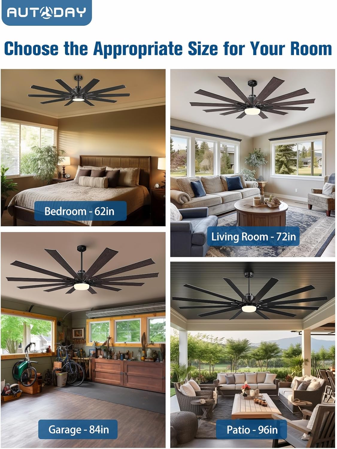 Autoday 62 Inch Large Ceiling Fans with Lights and Remote - Indoor/Outdoor Ceiling Fan with Light, 10 Blades, Reversible Quiet DC Motor, Dimmable LED