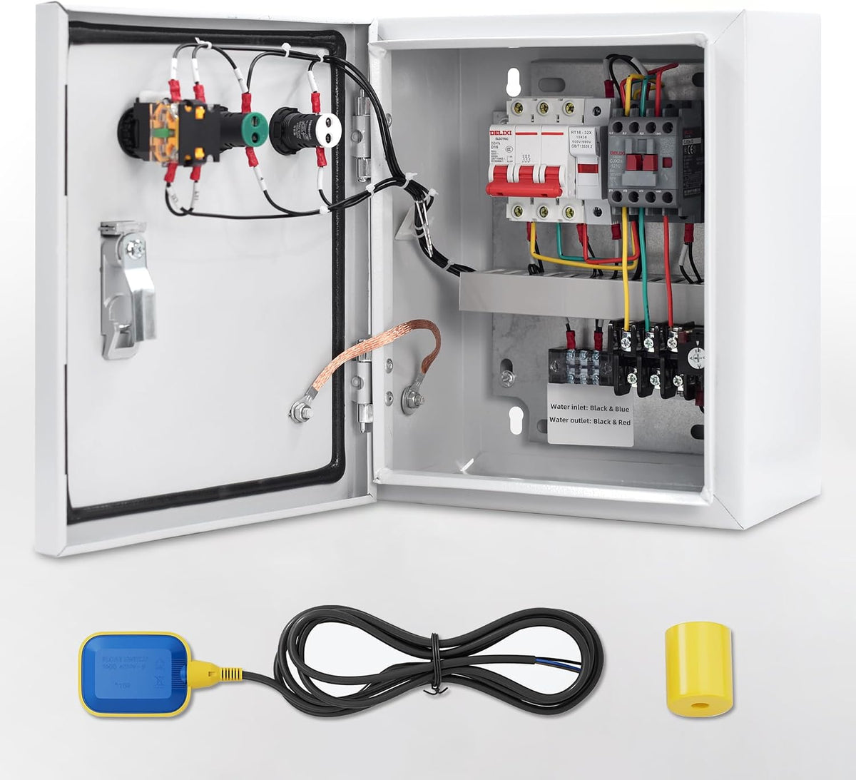 220V Single Phase Pump Control Box with Float Switch, 50/60Hz, Manual/Auto Start Stop Water Level Controller, Metal Enclosure with Key Lock, Power/Run Indicators, Fits 2HP Pumps (3m Float Cable)
