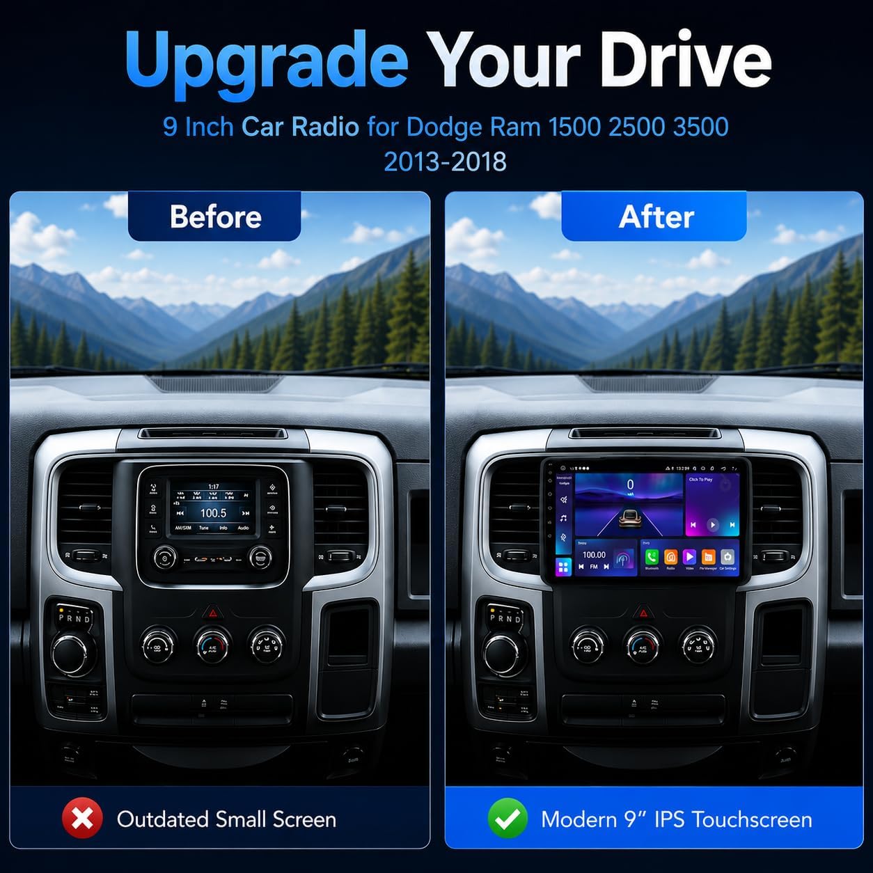 Car Stereo for Dodge Ram 1500 2500 3500 2013 2014 2015 2016 2017 2018, 9" Android 13 Touchscreen Radio, Wireless CarPlay Android Auto, GPS, Bluetooth, Backup Camera, Manual AC Only Dodge RAM 1500 2500 3500 2013 2014 2015 2016 2017 2018 Manual AC