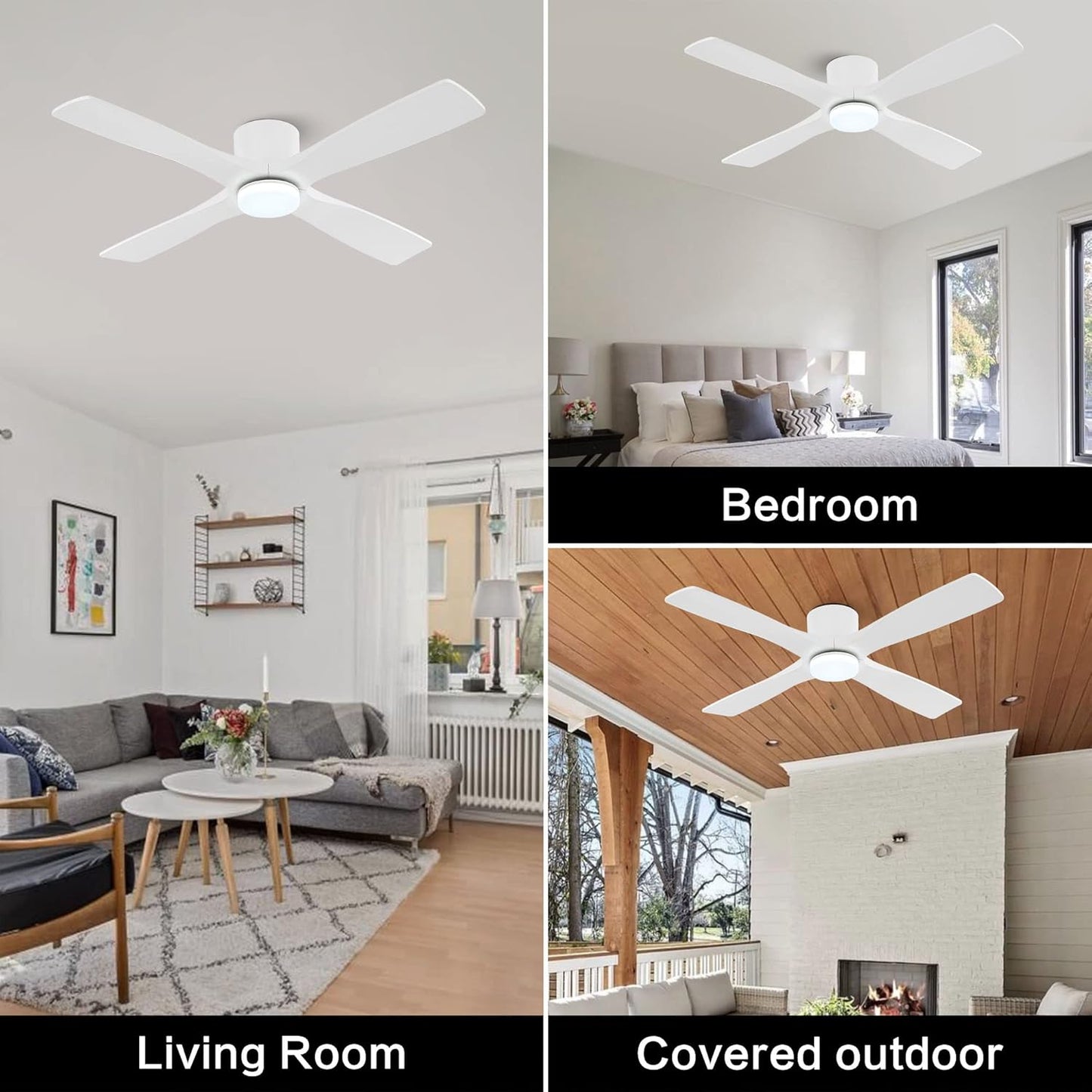 60 Inch Flush Mount DC Ceiling Fan with Lights and Remote, 4 Reversible Carved Wood Blades, 6-Speed Noiseless DC Motor, Hugger Ceiling Fan in Gloss Wh