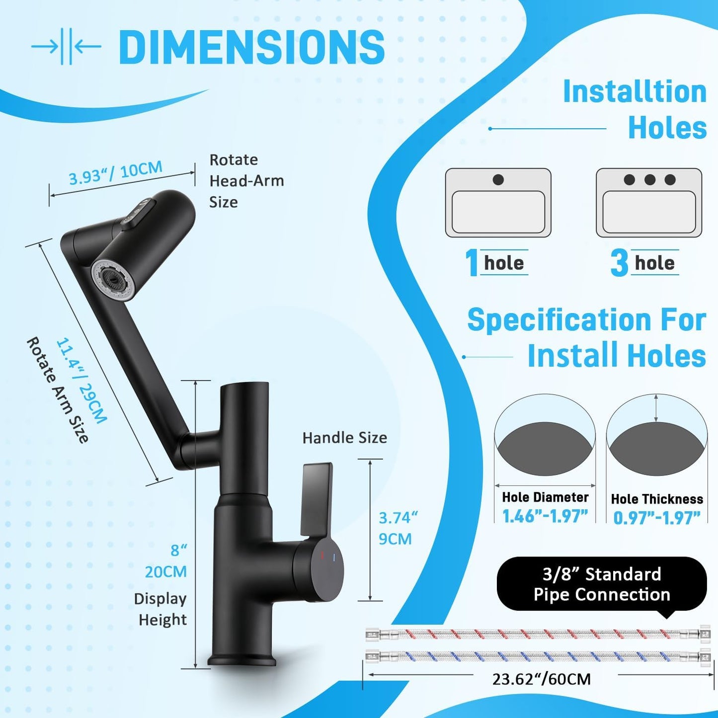 Bathroom Sink Faucet, XIANPIOO Rotatable Faucets with Temperature Display in Fahrenheit(Batteries-Free), 3 Water Setti