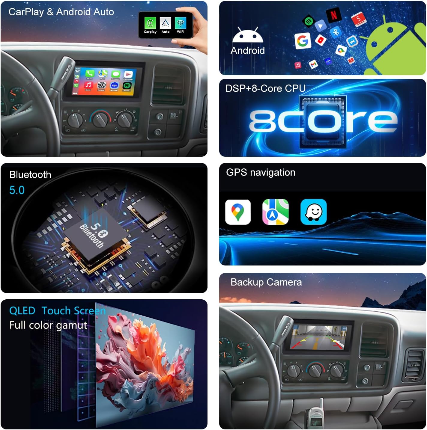 QLED Radio for Chevy GMC Buick Cadillac 1995 1996 1997 1998 1999 2000 2001 2002,8 core Touch Screen Stereo Upgrade,Wireless carplay & Android Auto,Free Backup Camera