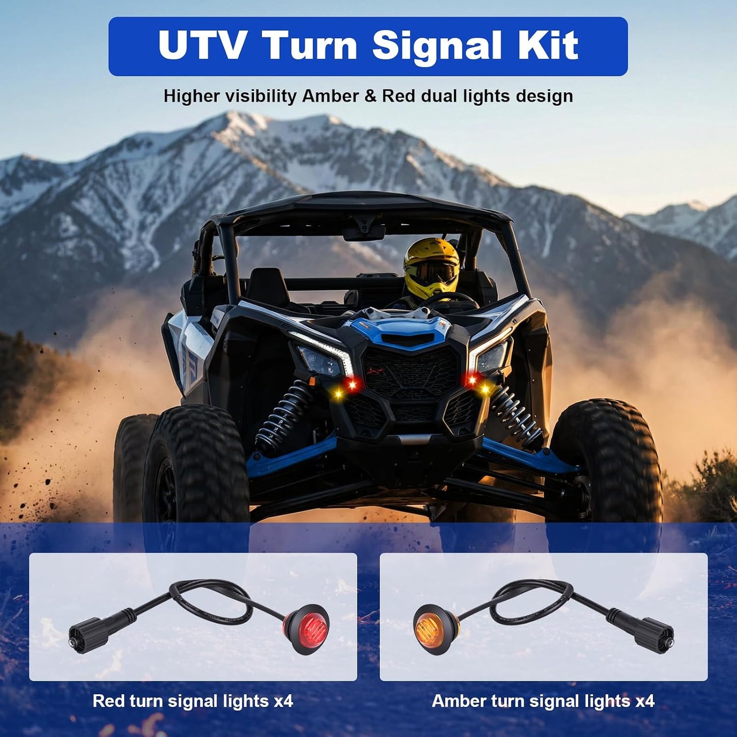 UTV Turn Signal Kit with Lever Column Switch and 8 Round Light,Pre-Wired, Plug and Play with Horn, Compatible with Polaris Ranger, RZR, Can-Am X3 8 Light with Lever Column Switch
