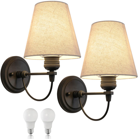 Retro Wall Sconce Set of 2 with Linen Fabric Shade Hardwired