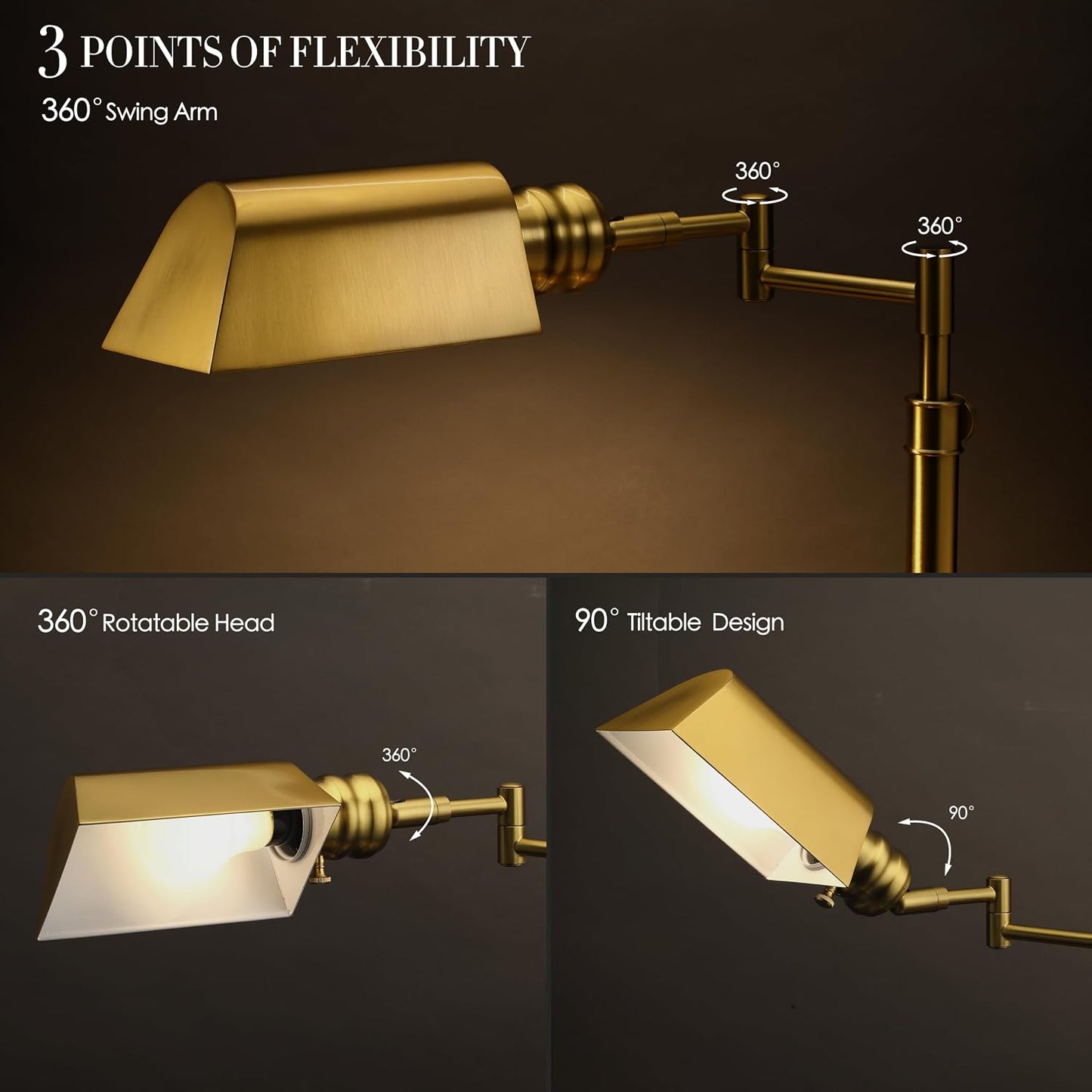 O'Bright Arcadia Pharmacy Desk Lamp | E26 Socket, Built-in Dimmer, Full Range Dimming, Adjustable Height, Swing Arm, Rotatable Lampshade, All-Metal Construction Antique Brass
