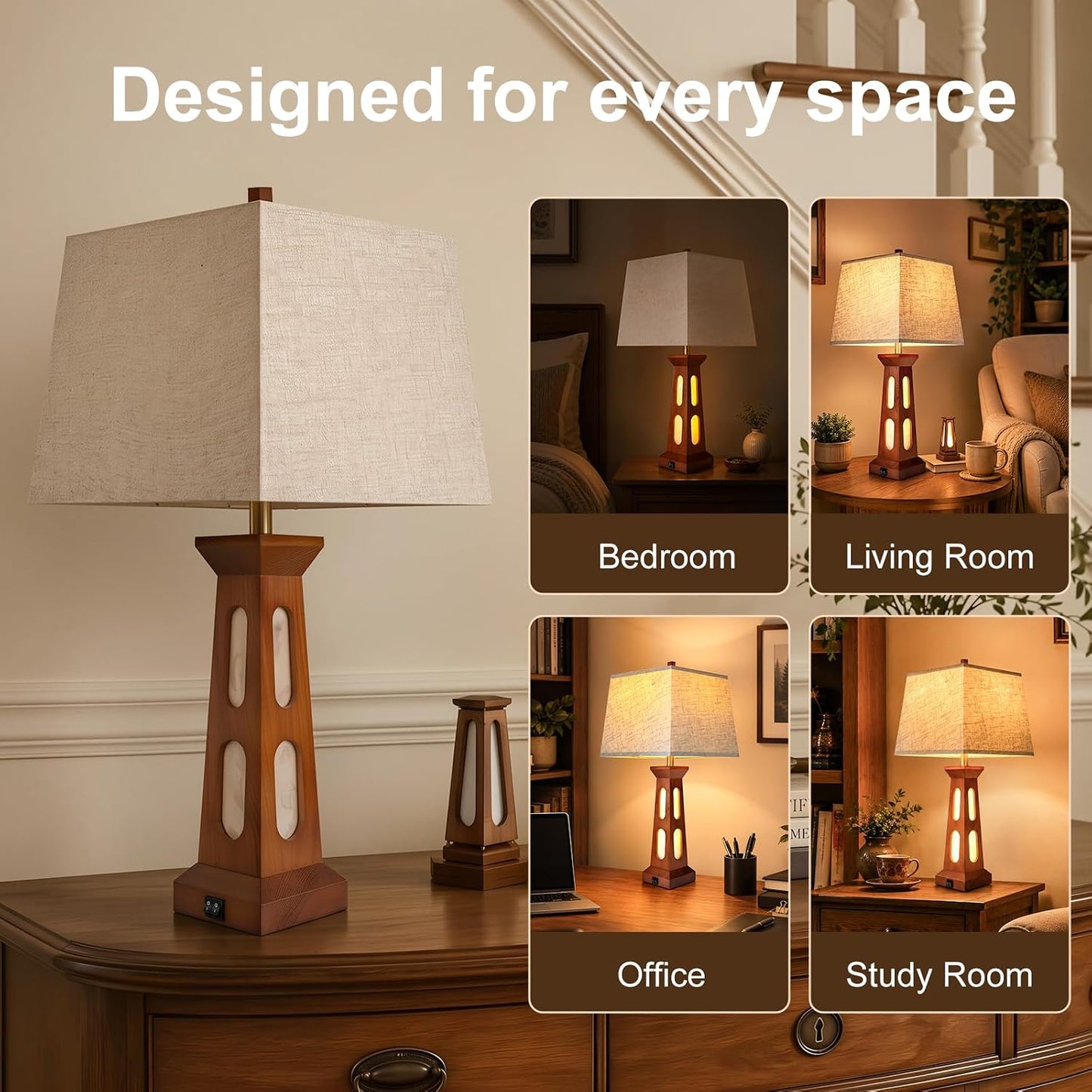 Scenekoy 28" Wooden Traditional Table Lamps Set of 2 for Living Room Office | Night Light, Square Linen Shade, USB C+A Charging Ports, LED Bulb Included, Bedside Lamp, Bedroom Table Lamp, Nightstand