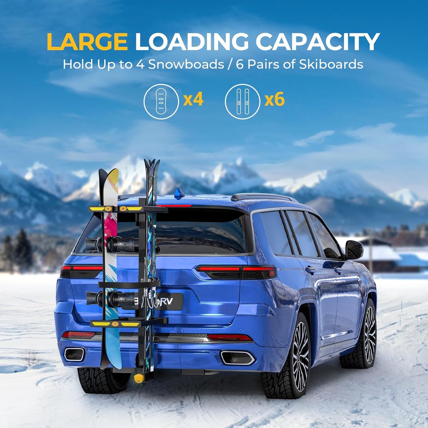 Hitch Ski Snowboard Rack with Security Lock Folding and Tilting for Trunk Access Fit for 2' Receiver, Max Load 6 Pairs of skis or 4 Snowboards