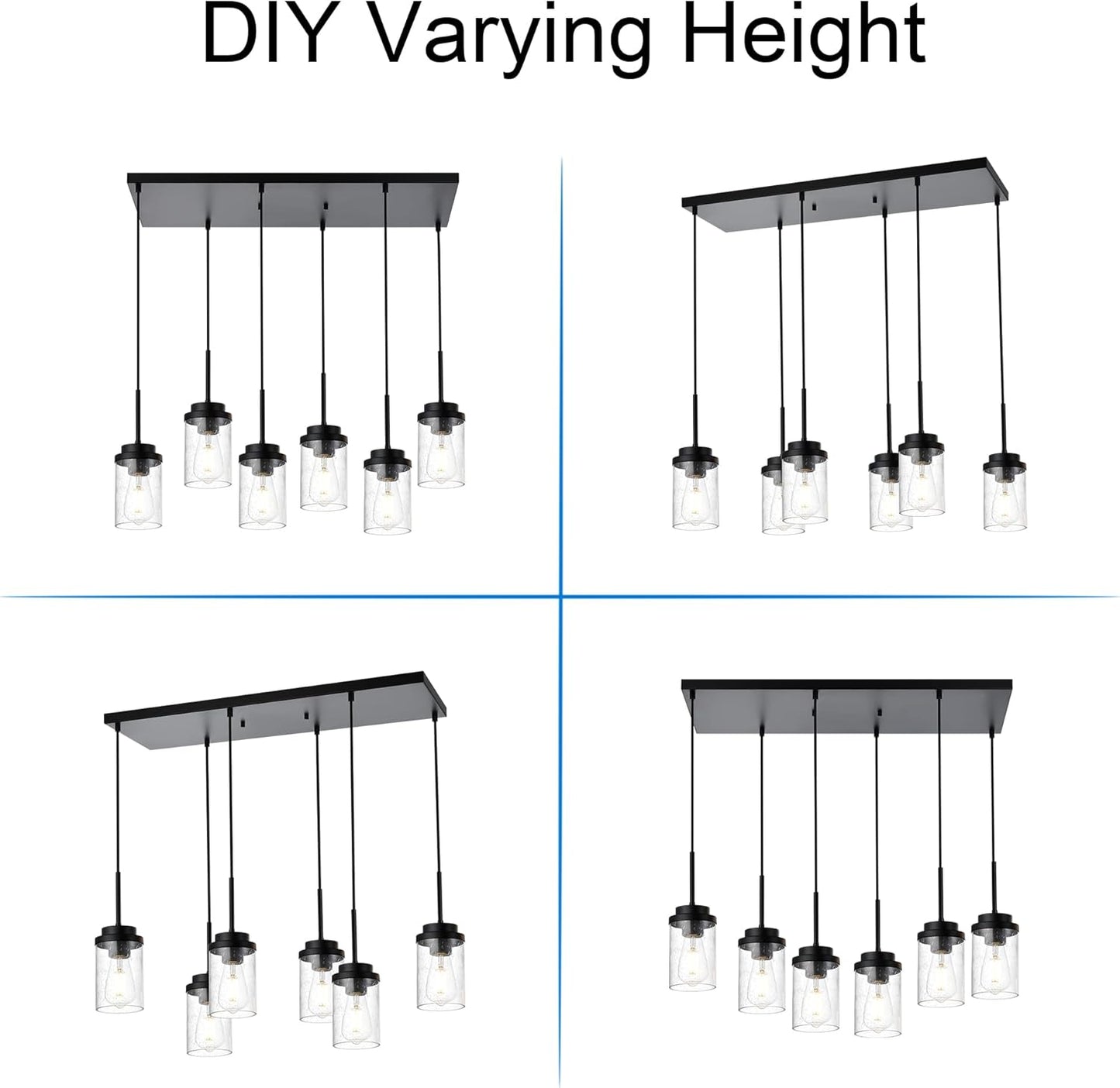 6 Lights Hanging Kitchen Island Lighting Black Linear Chandeliers for Dining Room, 30.5 Inches Large Pendant Light Fi