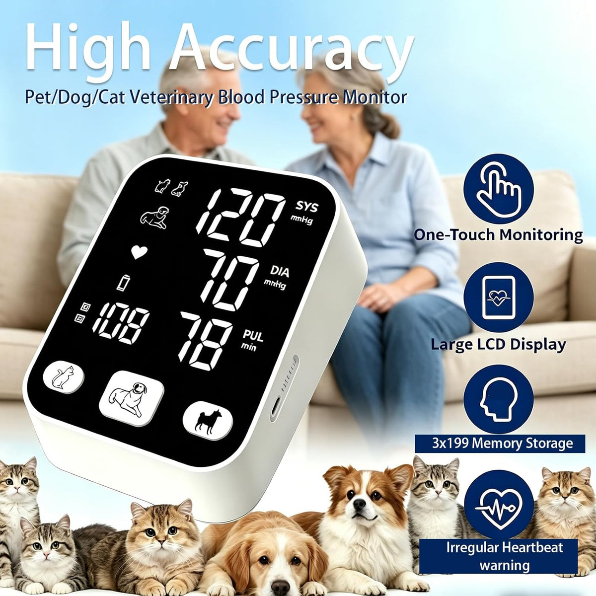 Dog Blood Pressure Monitor for Pet/Dog/Cat, Animal Automatic Digital BP Machine with Large LCD Screen Backlight 3 Cuffs 270 Data Memory Silent Black-2025pro