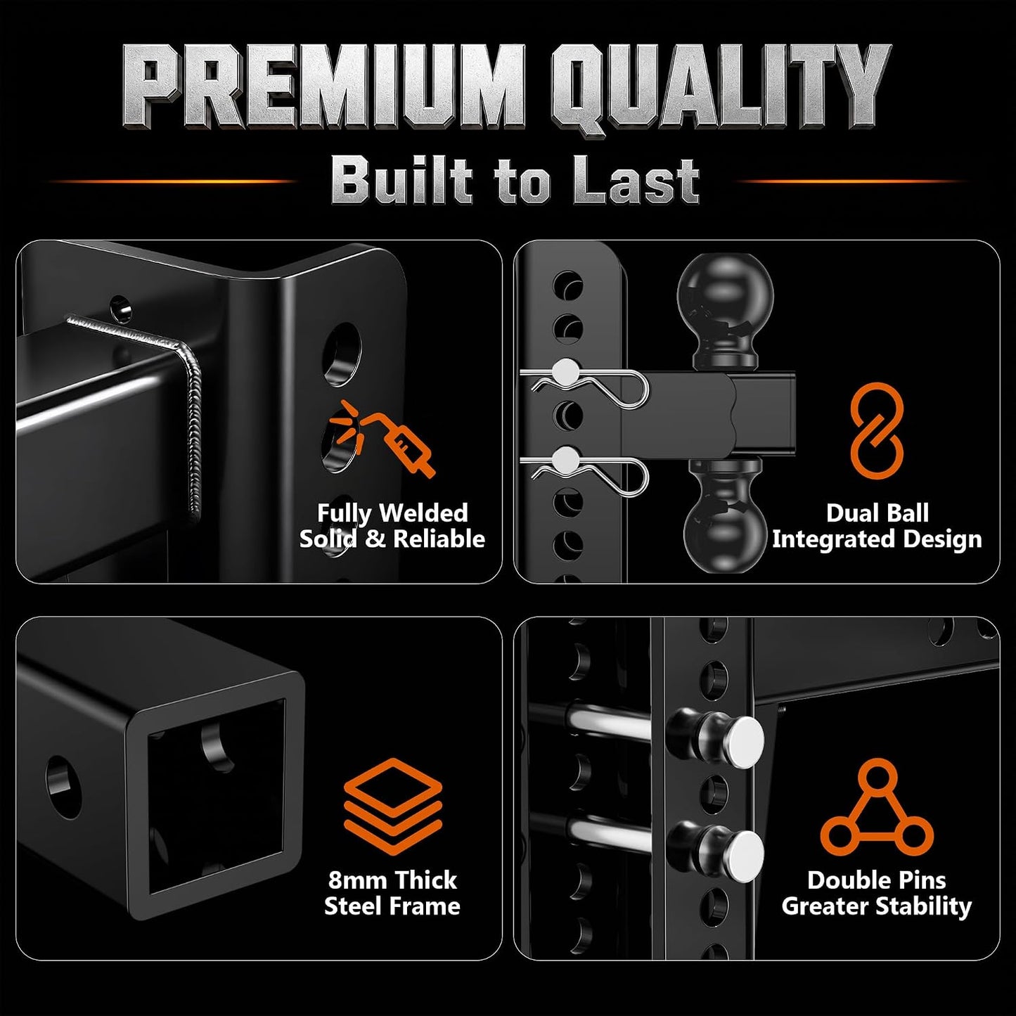 Adjustable Trailer Hitch, Fit 2.5 in Receiver, 22,000 LBS GTW, Heavy Duty Drop Hitch with 2" & 2-5/16" Ball Mounts for Trucks, 6 Inch Drop/Rise, Anti-Theft Pins