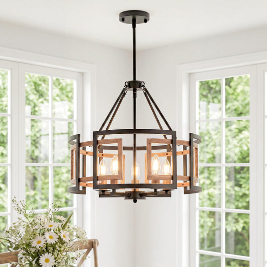 20-inch Chandelier, 5-Light Dining Room Light Fixture Over Table | Matte Black Metal with Woodgrain Frame, Farmhouse Rustic Style, Adjustable Height, E12 Socket, Ceiling Mount, Hardwired, 120V