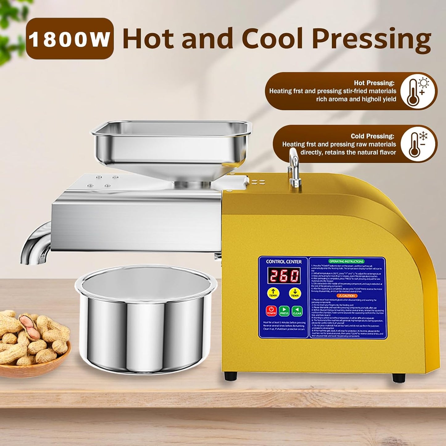 1800W Automatic Seed Oil Press Machine, Hot and Cold Extraction | Stainless steel, 11-20 lb/h output, 104-572°F control for home and commercial use with peanuts, sesame, soybeans and walnuts