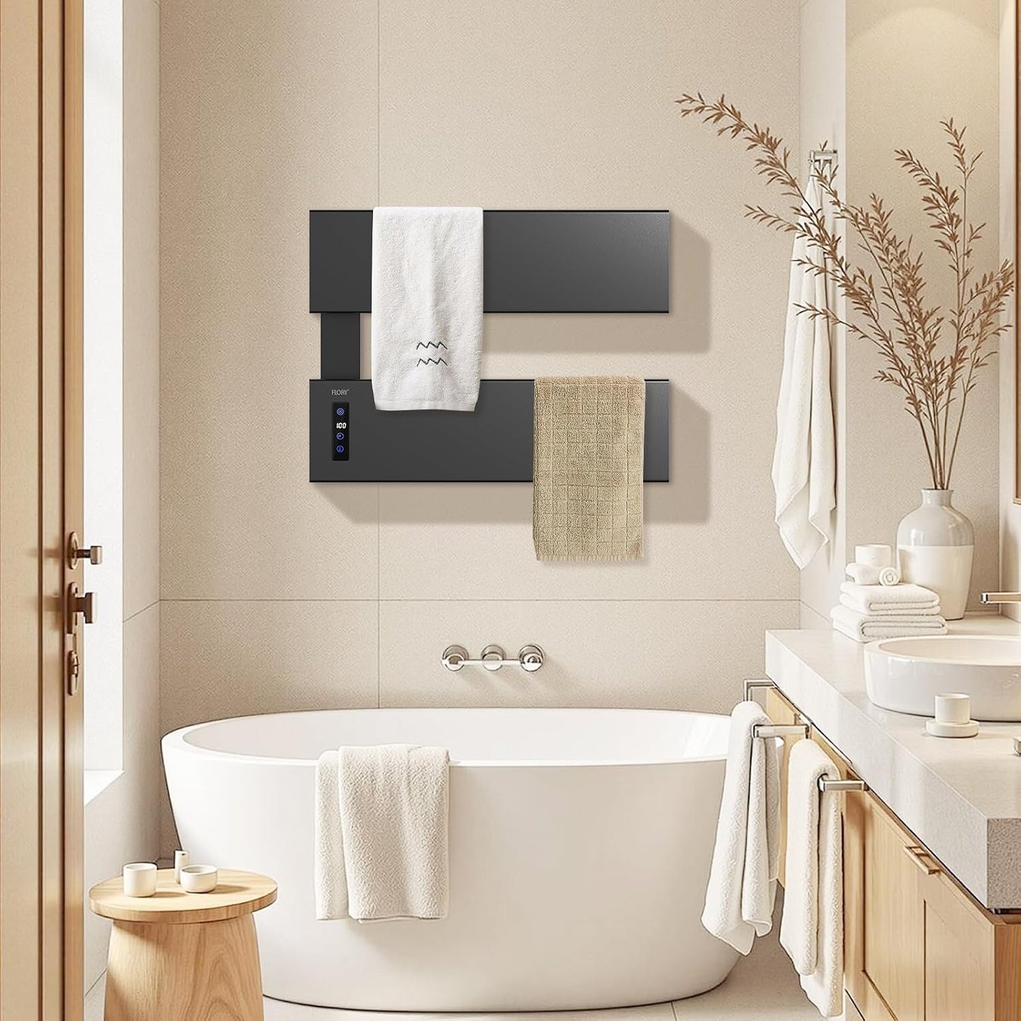 Heated Towel Racks for Bathroom, 2 Bar Large Towel Warmer Rack, Matt Black | Heated Towel Rack| Built-in Timer&Temp Control| Hard-Wired/Plug-in| Aluminum| Small-Sized Bathroom Matte Black