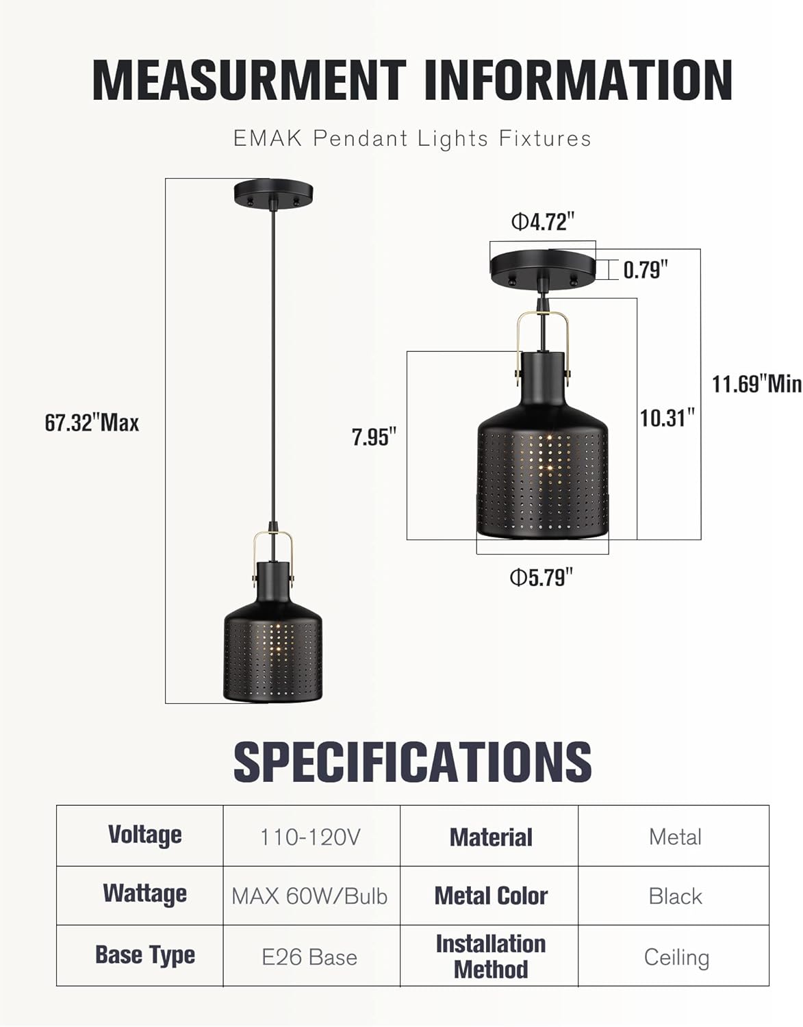 Emak Industrial Pendant Lights Kitchen Island, Black Pendant Light Fixtures with Metal Shade, 1 Light Hanging Lights for Bedroom, Kitchen Island,