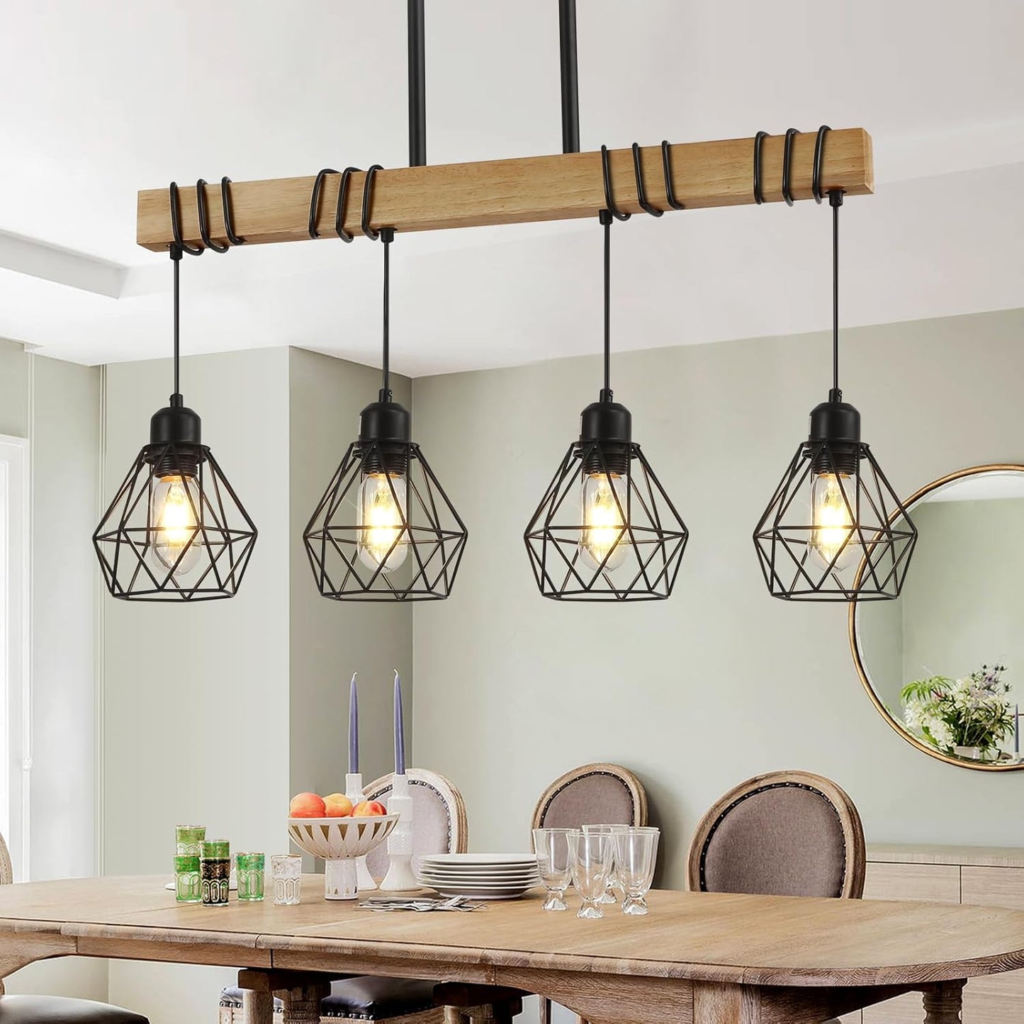 Dining Room Light Fixture Hanging for Modern Farmhouse 4-Lights Kitchen Island Lighting,Modern Chandelier Over Table Linear Chandeliers Black Rustic