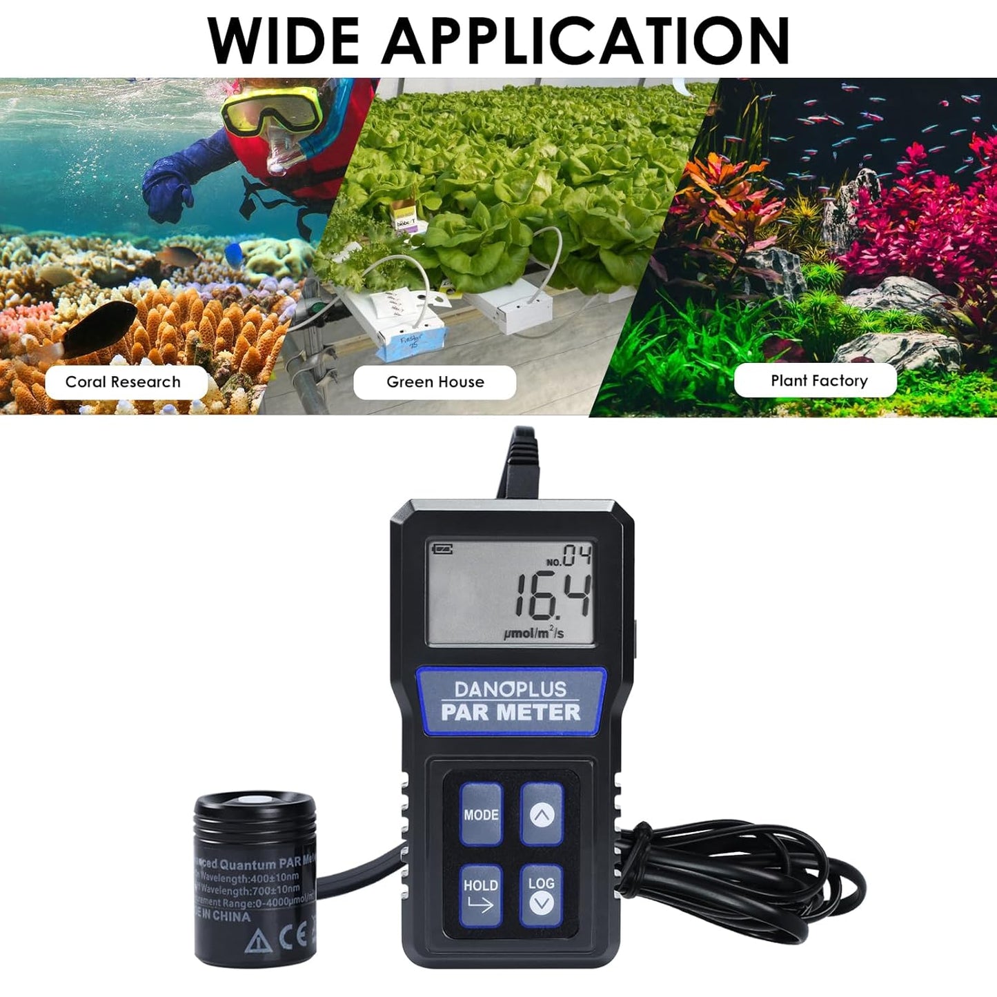 PAR Meter for Reef Tank Waterproof PAR Meter Aquarium IP68 Quantum Sensor PPFD Meter Data Logger, Full-Spectrum Quantum PAR Meter with 79' Cable