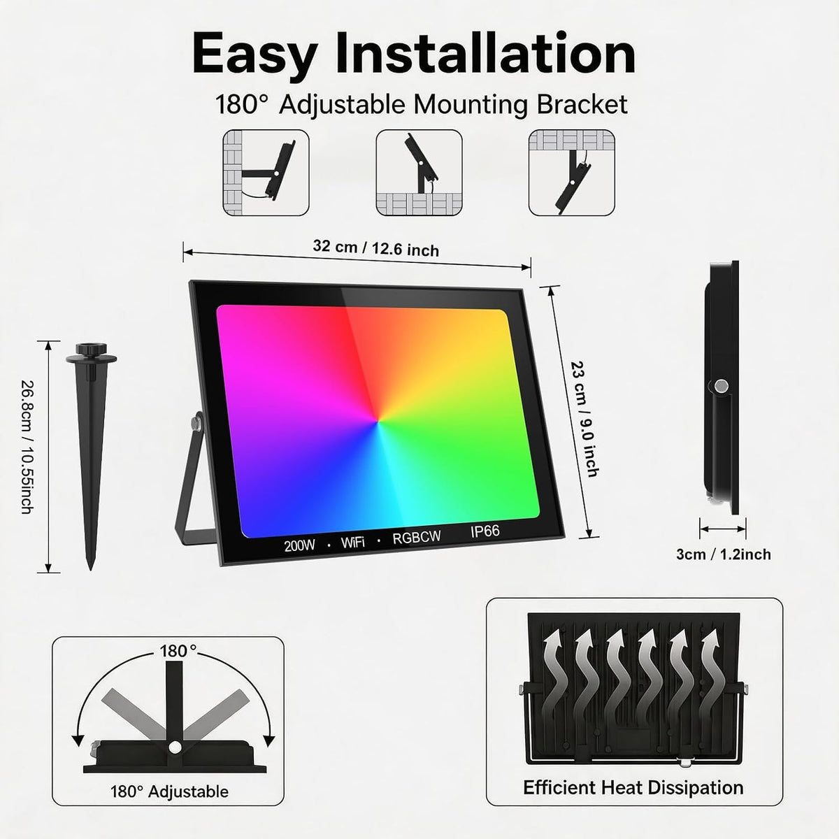 RGB LED Flood Light Outdoor 2000W Equivalent, 200W RGBCW Smart Floodlights with APP & Remote Control, 16 Million Color Changing, Timing, DIY Scenes, IP66 Waterproof Landscape Light (2 Pack)
