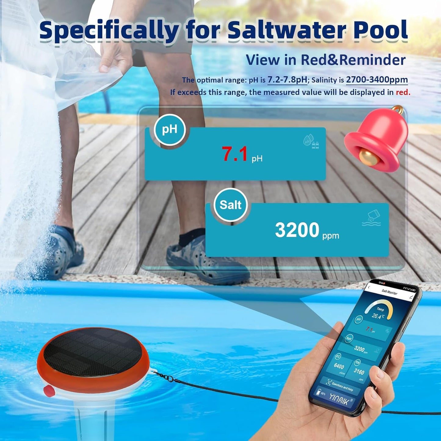 Salt Water Pool Monitor, WiFi pH and Salinity Tester for Swimming Pool, Smart Salt Pool Water Monitor 5 in 1