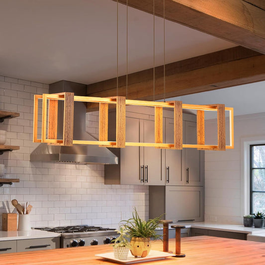 39.4' Rectangle Chandeliers for Dining Room, Farmhouse Wood LED Linear Pendant Light Kitchen Island, Adjustable Rustic Dining Room Light Fixtures