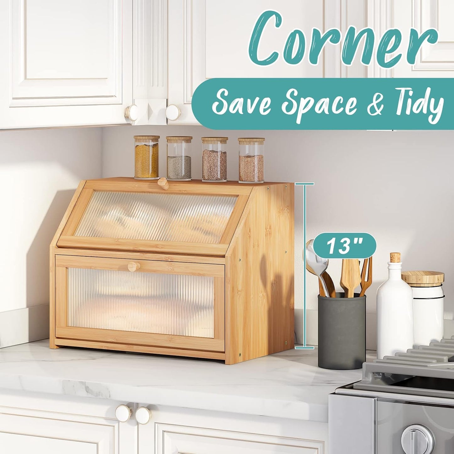 Bread Box for Kitchen Counter, Large Bamboo Wood Double Layer Bread Box, Wooden Bread Storage Capacity Natural Large