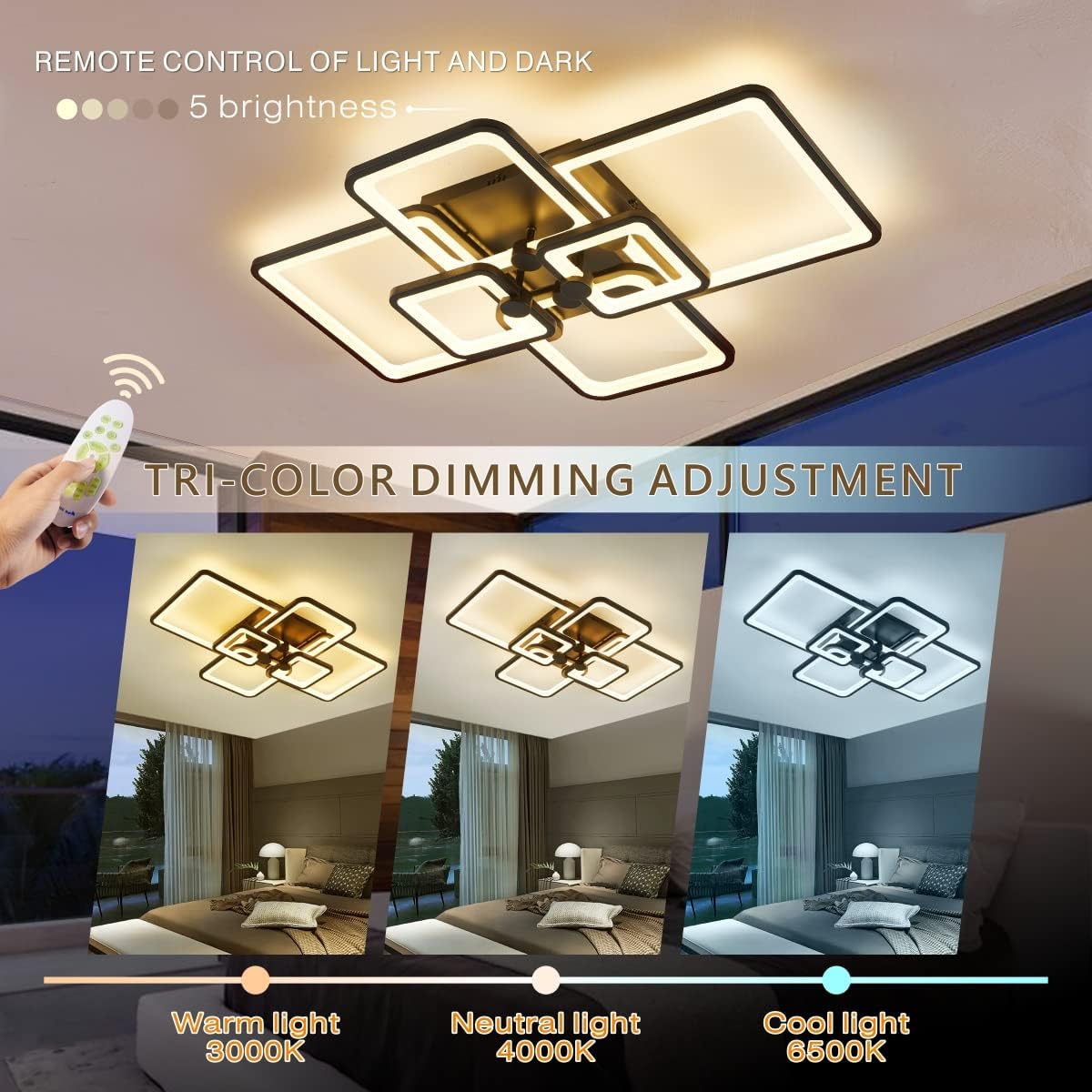 HIHIHOMY Modern LED Ceiling Light,Dimmable Modern Ceiling Lights,6 Rings Square Ceiling Lamps with Remote Control, 3-Color Flush Mount Light