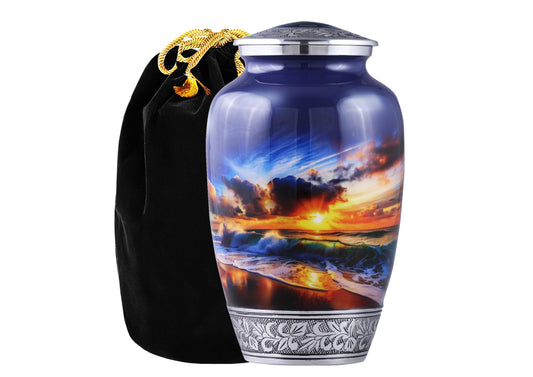 Handmade Adult Beach Urn for Human Ashes – Large Cremation Urn for Men & Women with Velvet Bag, Memorial Funeral Urn for a Loved One,200Cubic Inch (Beach Blue, Adult) Beach Blue Adult