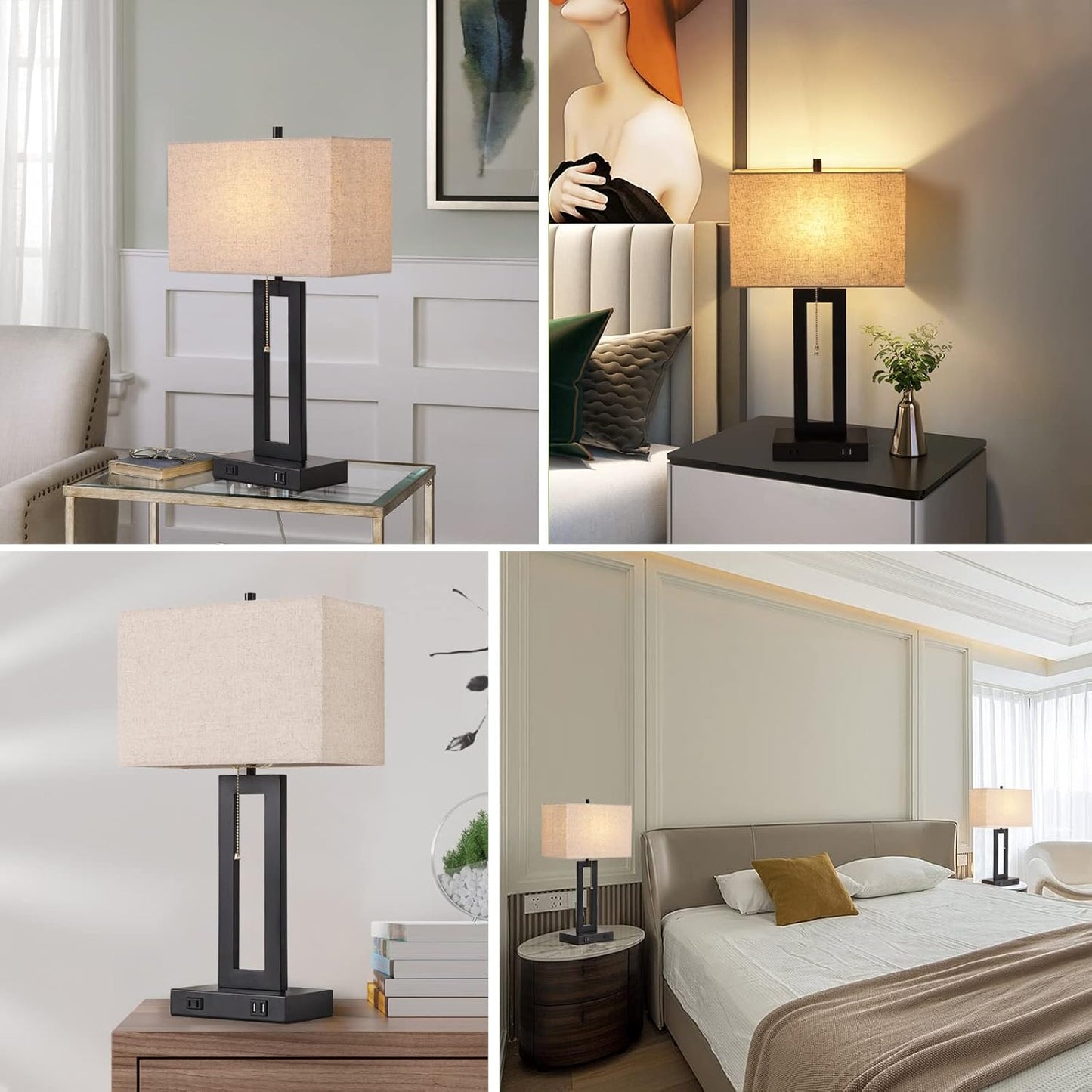 Set of 2 Table Lamps for Bedroom with 2 USB Ports and AC Outlet, Bedside Lamps with Pull Chain, Living Room Lamps for End Tables, Modern Black Lamps