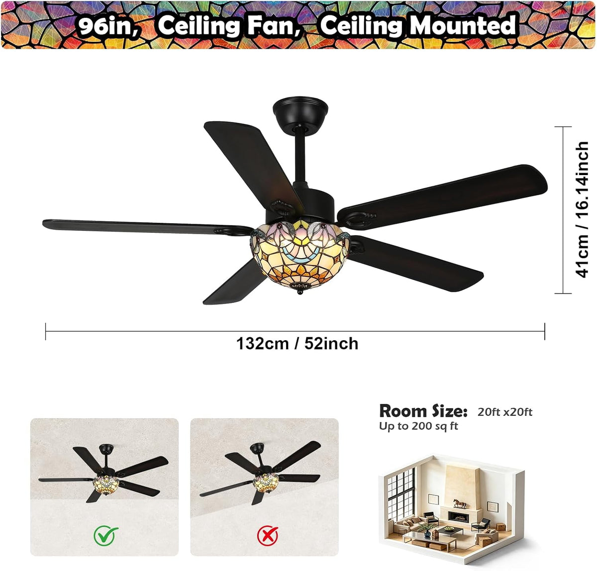 Stained Glass Ceiling Fan with Light, 52" Vintage Fandelier Fan with Remote black