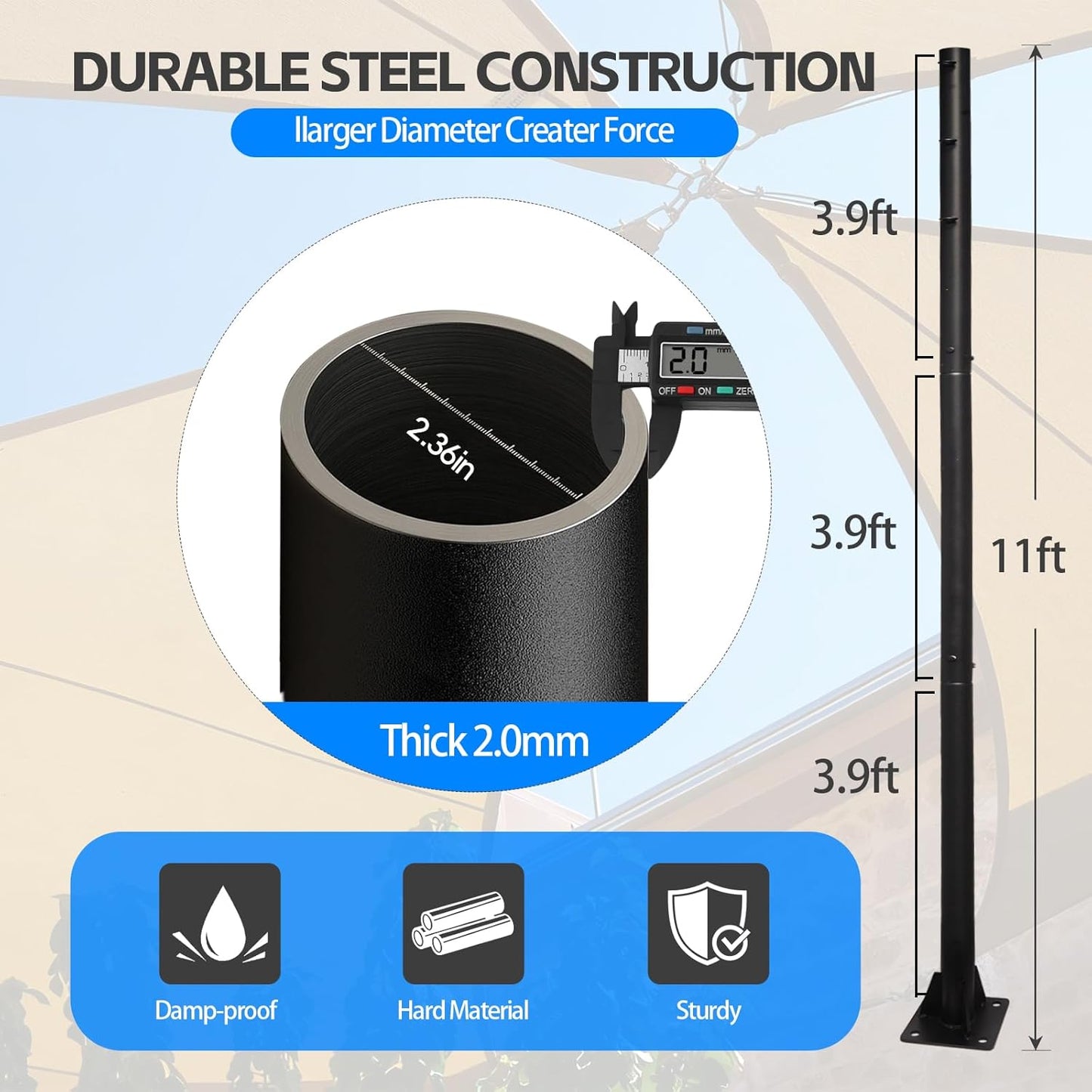 Shade Sail Poles, 11Ft Sun Shade Sail Poles Support Awning Canopy, Outdoor String Light Pole Post Heavy Duty Steel Post Suitable for Garden/Yard/Pool/Patio(Heavy Duty 2.4" Black 1x11Ft Pole)