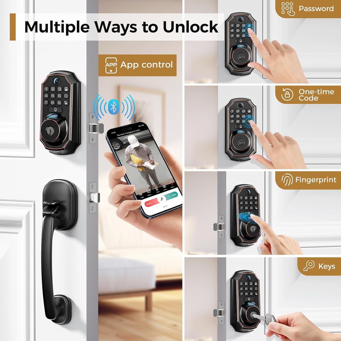 Keyless Entry Door Lock Deadbolt with Handle Set - WiFi Door Lock with Camera - 5 in 1 Camera+Doorbell+Fingerprint Keyless