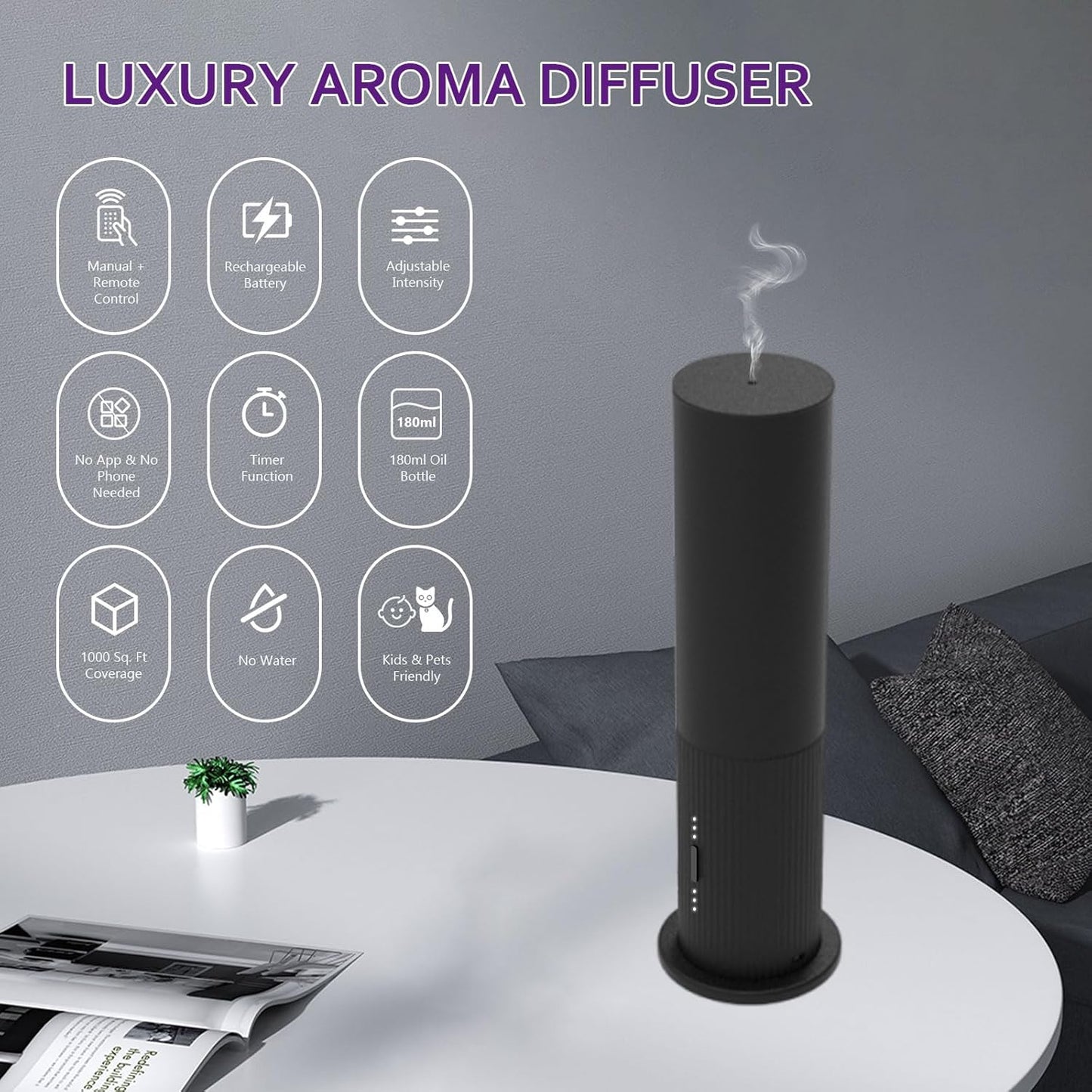 Scent Air Machine for Home, Remote & Manual Control, No App Needed, Cordless 2000 Sq. Ft Coverage Waterless Essential Oil Diffuser, Rechargeable Hotel