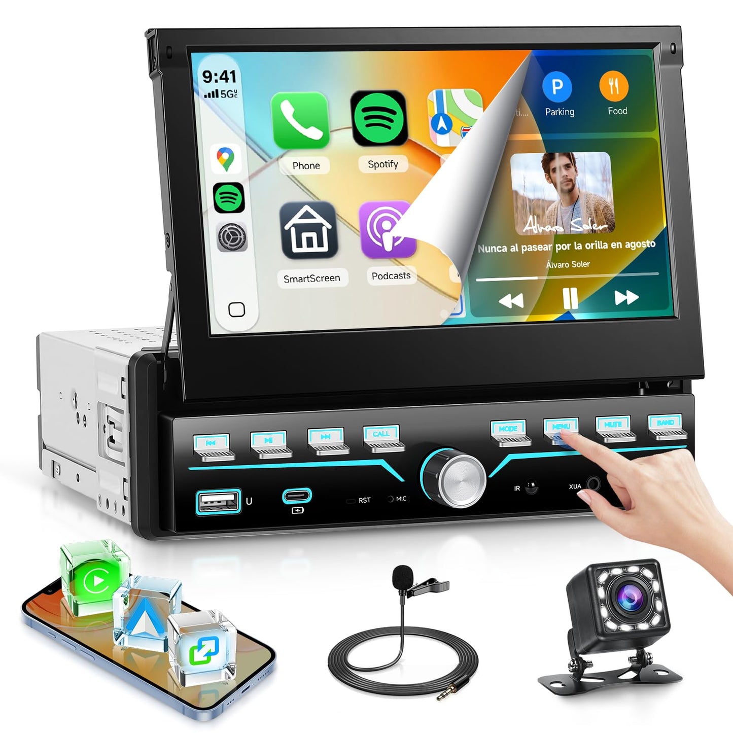 7'' Single Din Car Stereo with Piano Keys,Wireless CarPlay Android Auto,HD IPS Manual Telescopic Touchscreen Radio with Bluetooth,FM Radio Receiver Support USB/Type-C,Mirror Link,Backup Camera