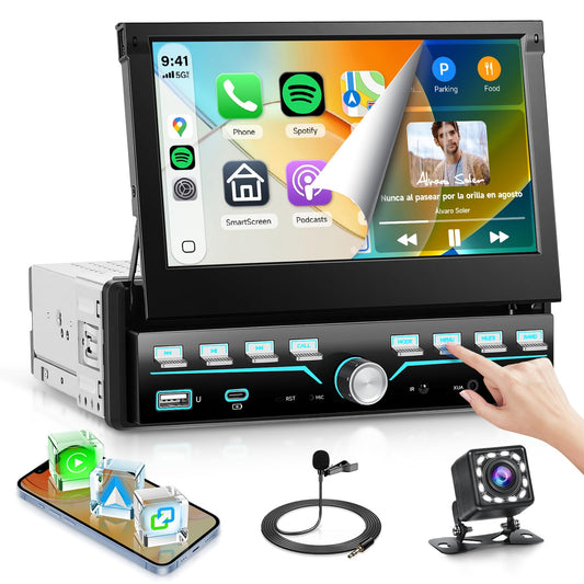 7'' Single Din Car Stereo with Piano Keys,Wireless CarPlay Android Auto,HD IPS Manual Telescopic Touchscreen Radio with Bluetooth,FM Radio Receiver Support USB/Type-C,Mirror Link,Backup Camera
