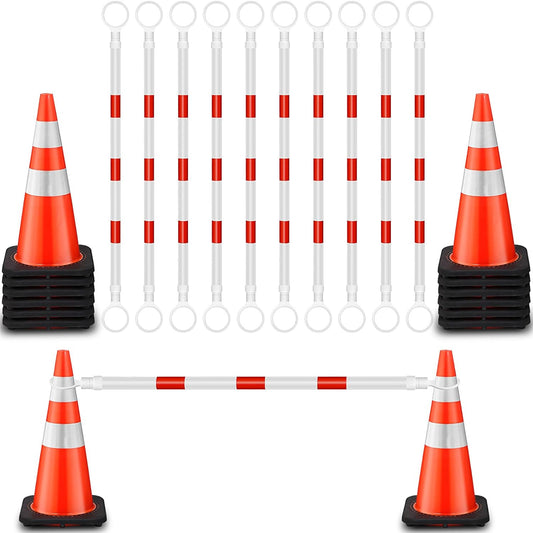 Copkim 11 Pack Retractable Traffic Cone Bar 4ft to 6.9ft and 12 Pack Traffic Cones 28 Inch, Reflective Traffic Cone Barrier Bar Barricade for Road