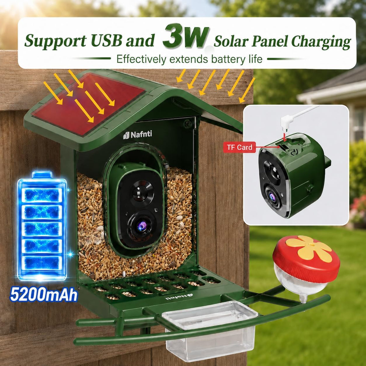 Bird Feeder with Camera 5GHz WiFi No Subscription, Solar Powered