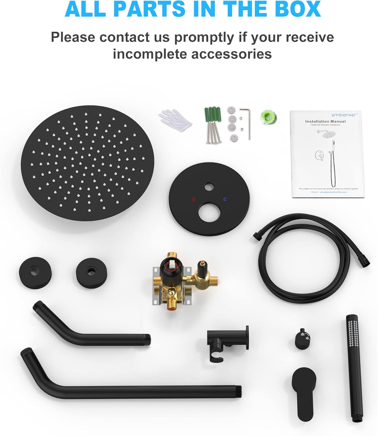 EMBATHER Black Shower Faucets Sets - Overhead Metal Rain Head Shower System with High Pressure Handheld Complete Combo and Mixer Valve Trim Kit -