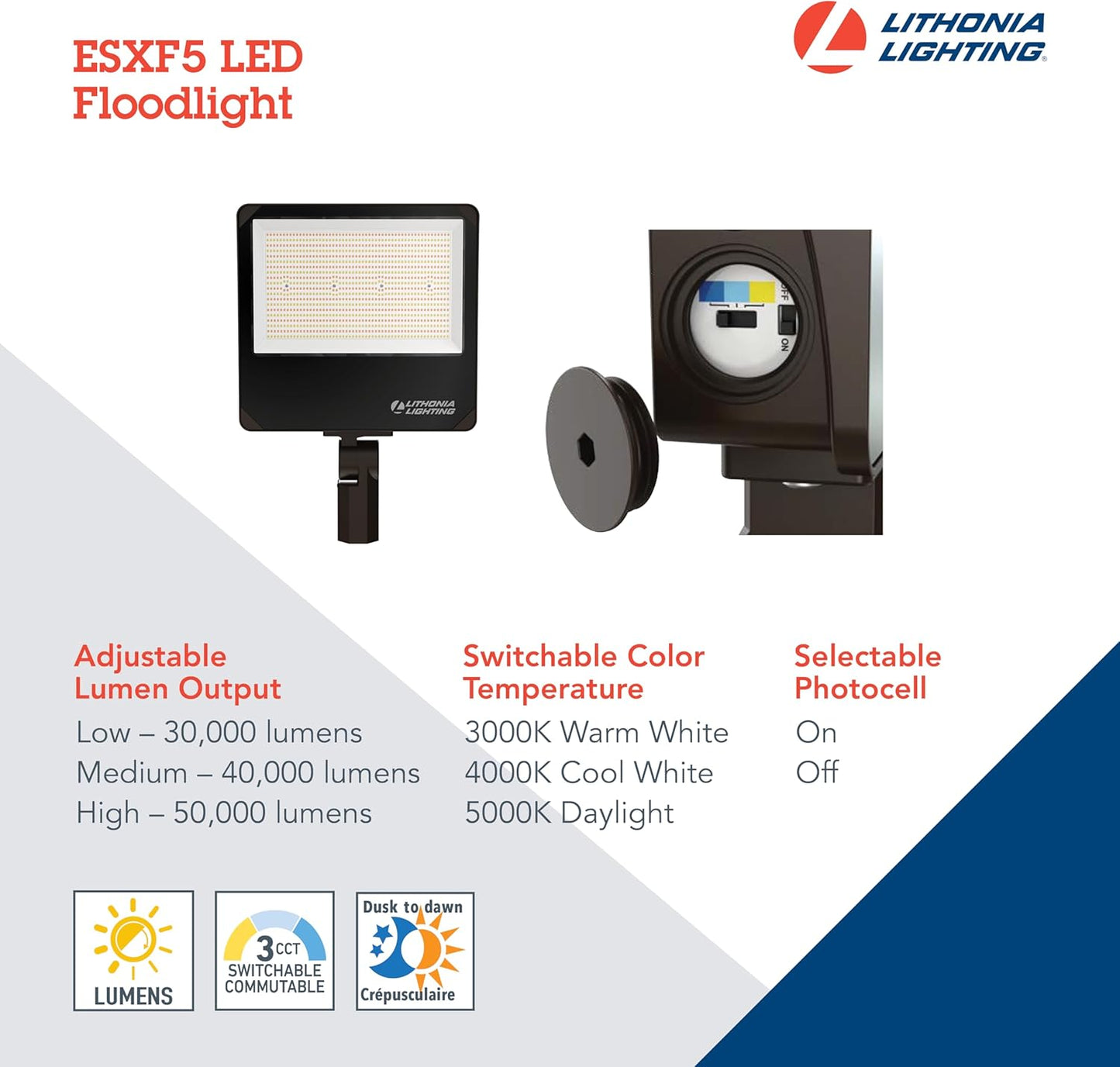 LED Outdoor Floodlight, Adjustable Lumen Output, Switchable White Color Temperature, Dusk-to-Dawn Photocell, Yoke or Slipfitter Mounting, UVOLT,