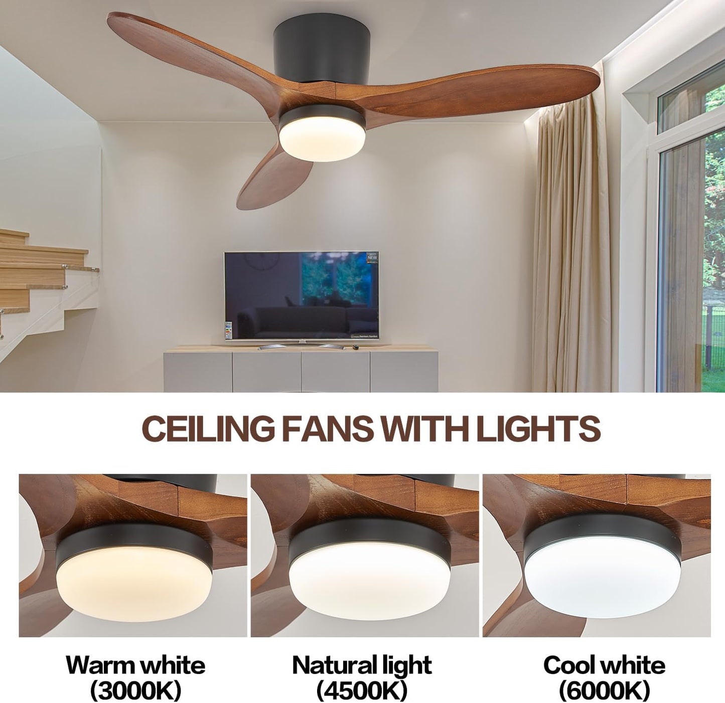 42 Inch Flush Mount Ceiling Fan with Lights 3 Wood Fan Blade Noiseless Reversible DC Motor Remote Control Flush Mount Ceiling Fan with Light