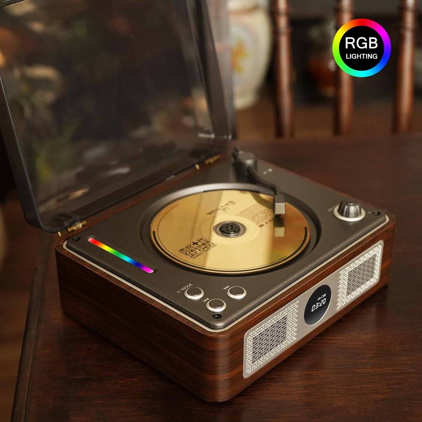 Y11 Retro CD Player with Bluetooth, Portable Desktop CD Player for Home with Dual HiFi Speakers & Remote Control, USB/AUX/SPDIF Output, Brown