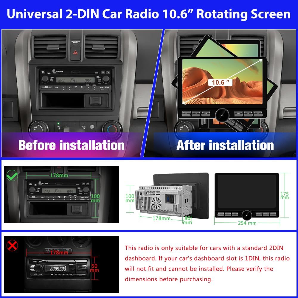 10.6" Double Din Car Radio with Wireless CarPlay & Android Auto | Android 13 Stereo with IPS Touchscreen, 4G SIM, Knob Button, GPS, DSP, WiFi, Bluetooth, SWC, Subwoofer Output