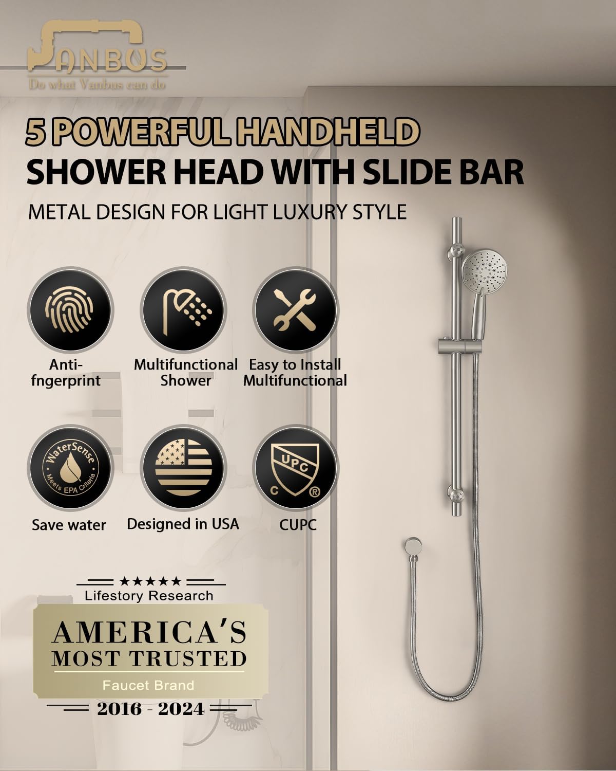 All Metal Shower Slide Bar System, 5-Function Handheld Shower Head with Slide bar, 304 Stainless Steel Hose with Brass