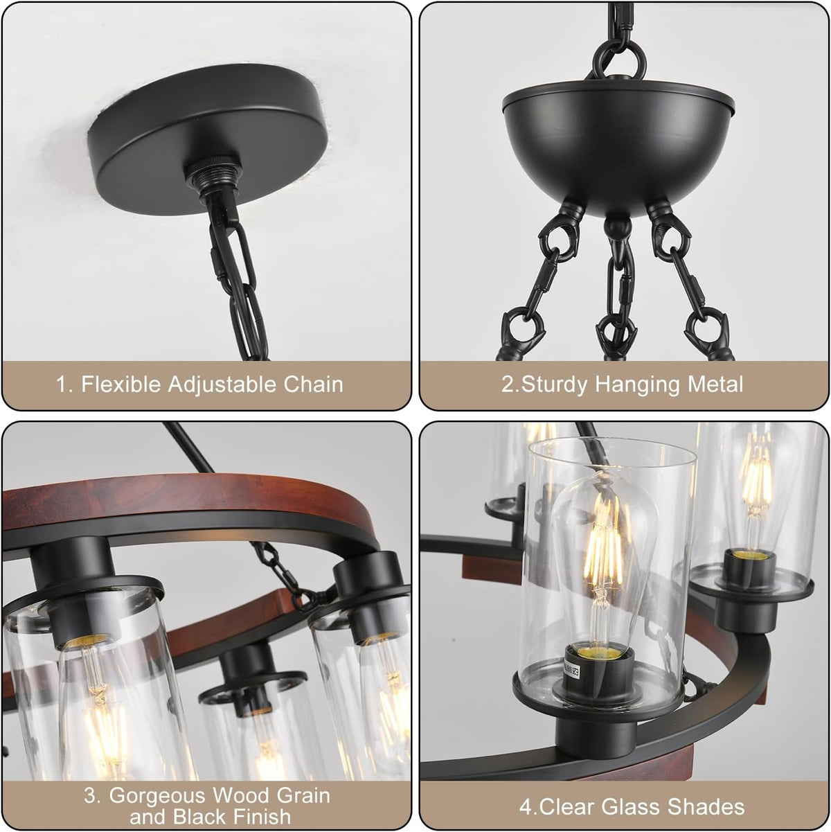 28 Inch Wagon Wheel Chandelier, 6-Light Round Farmhouse Chandeliers Wood Large Dining Room Pendant Light Fixture with