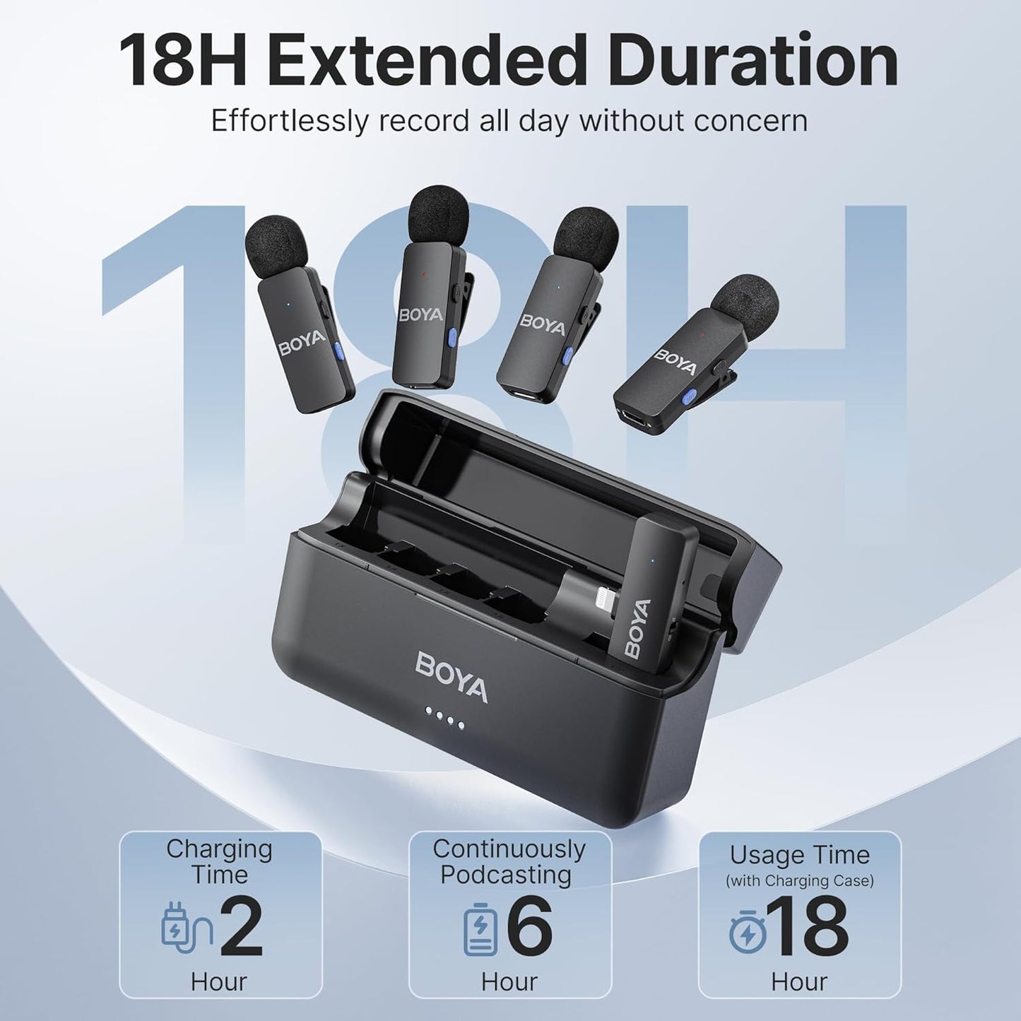 BOYA BY-V4D Wireless Lavalier Microphone for iPhone iPad with Charging case, 18H Battery Life, 650ft Range, 4-Channel Omnidirectional Noise Canceling