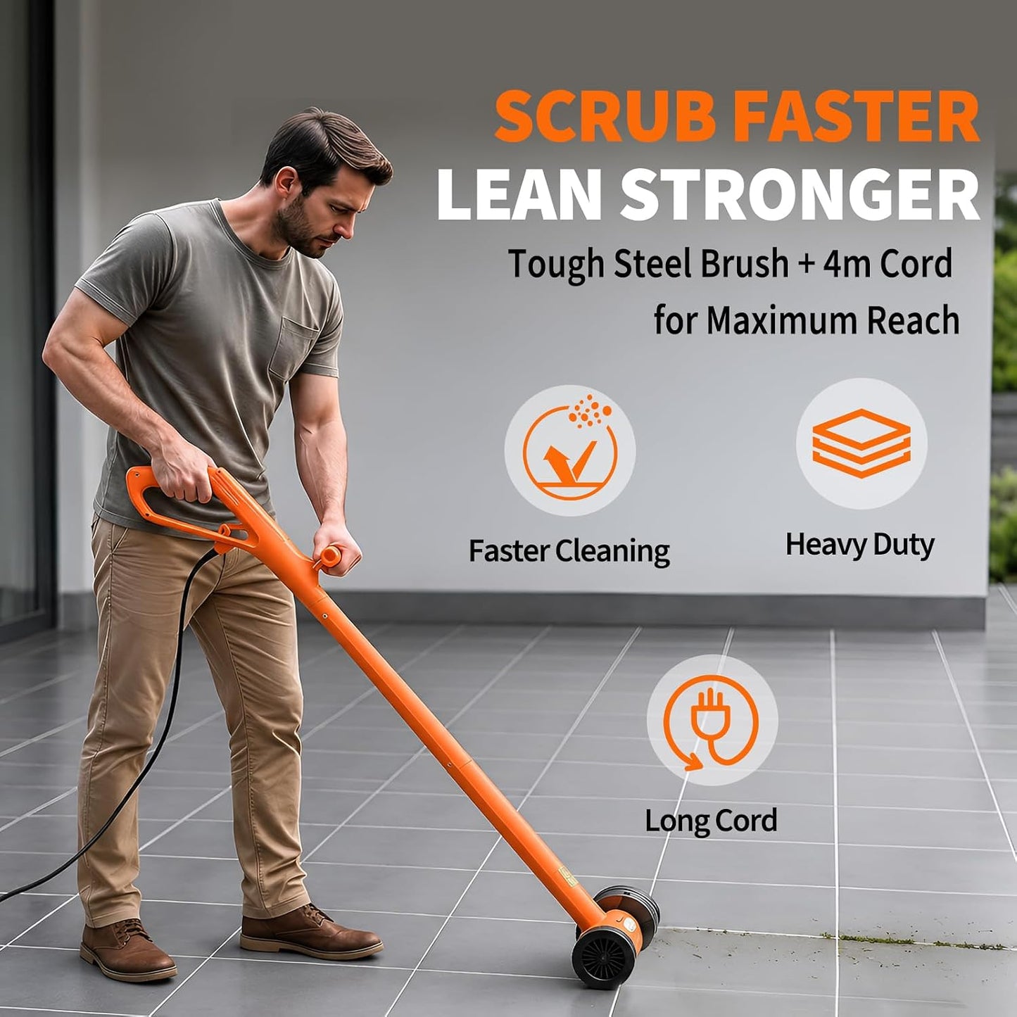 Electric Stand-Up Grout Cleaner 2-in-1 Wire & Hard Brush – Heavy-Duty Floor Scrubber for Tile, Bathroom, Kitchen & Outdoor Weed Cleaning – Ergonomic 13FT Cord Deep Cleaner for Ceramic & Patio Floors